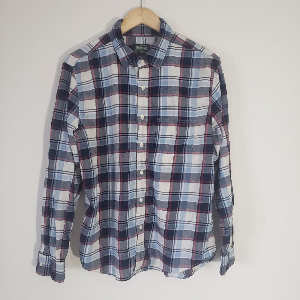 American Eagle Mens‎ Blue Plaid Button-Up Long Sleeve Shirt Size Large Cotton